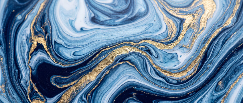 Blue marble liquid texture with gold veins, abstract acrylic fluid art background, luxury banner design