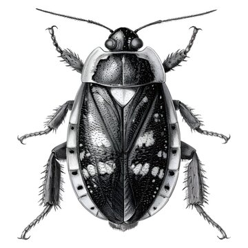 Detailed black and white illustration of a Stink Bug with intricate linework, isolated on a white background