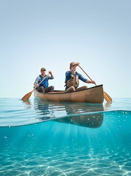 Two Men Paddling a Canoe Together on Clear Blue Water
