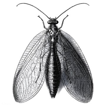 Detailed black and white illustration of an antlion insect with delicate wings and long antennae