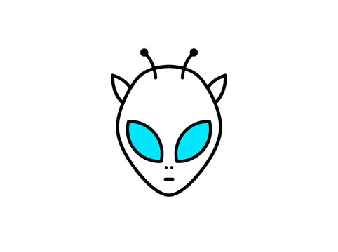 Extraterrestrial alien head icon with blue eyes and antennae is isolated on a clean white background.