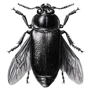 Detailed engraving illustration of a black beetle with outstretched wings against a white background