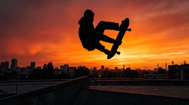 A silhouette of a skateboarder jumping.
