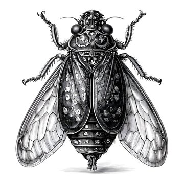 Intricate engraving of a cicada with steampunk elements on a white background