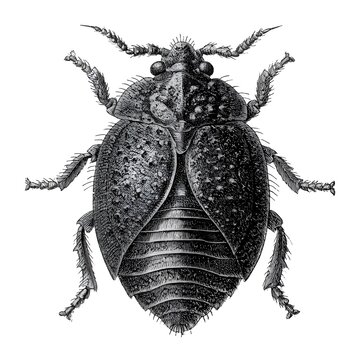 Detailed vintage engraving of a bed bug, Cimex lectularius, shown from a top-down perspective on a white background