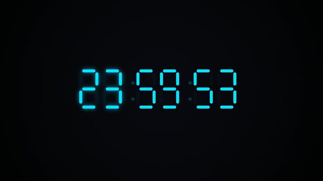 Digital clock display showing 23:59:48 in blue neon digits on a black background, close-up view