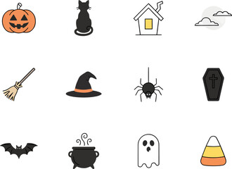 Naklejka premium Set of cute and spooky Halloween icons featuring pumpkins cats and traditional holiday festive elements