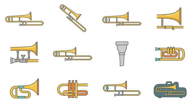 Collection of Brass Musical Instruments: Trombones, Trumpets, and Mouthpiece - Vector Icons