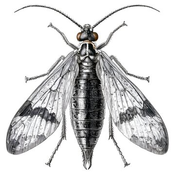 Detailed black and white illustration of a dobsonfly, showing intricate wing patterns and segmented body, against a white background