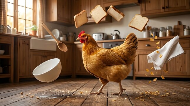 Golden Hen Causing Chaos in a Rustic Kitchen