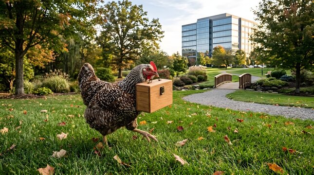 Hen Delivering a Wooden Package
