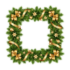 Fototapeta premium Square christmas wreath with gold ribbons and bows isolated on transparent background