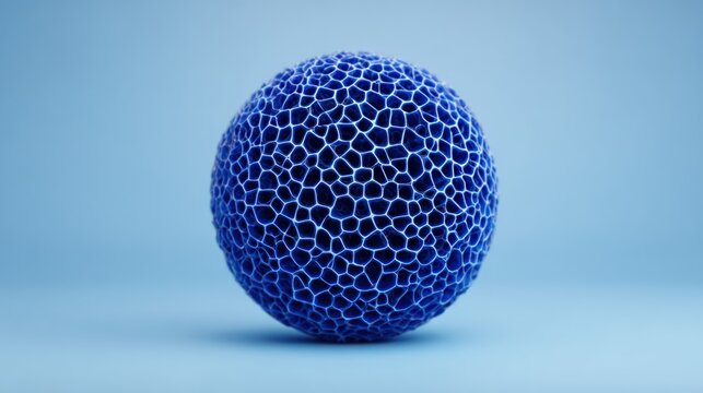 Blue 3D Rendered Sphere with Intricate Organic Honeycomb Lattice Structure Representing Biomimicry and Advanced Generative Design Technology