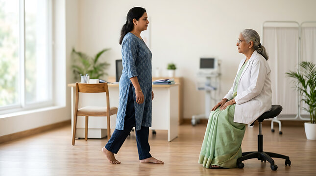 Compassionate healthcare interaction between a healthcare professional and an elderly patient in a bright, modern medical clinic