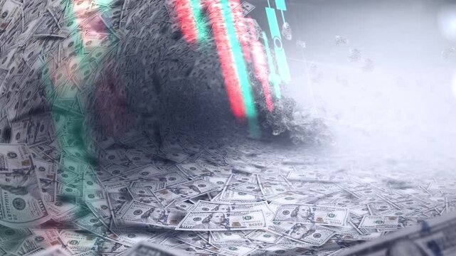A dynamic timelapse video featuring fast moving stock market candlestick bars blended with dollars shaped like a massive tsunami wave, representing market volatility, cash inflow, and financial power.