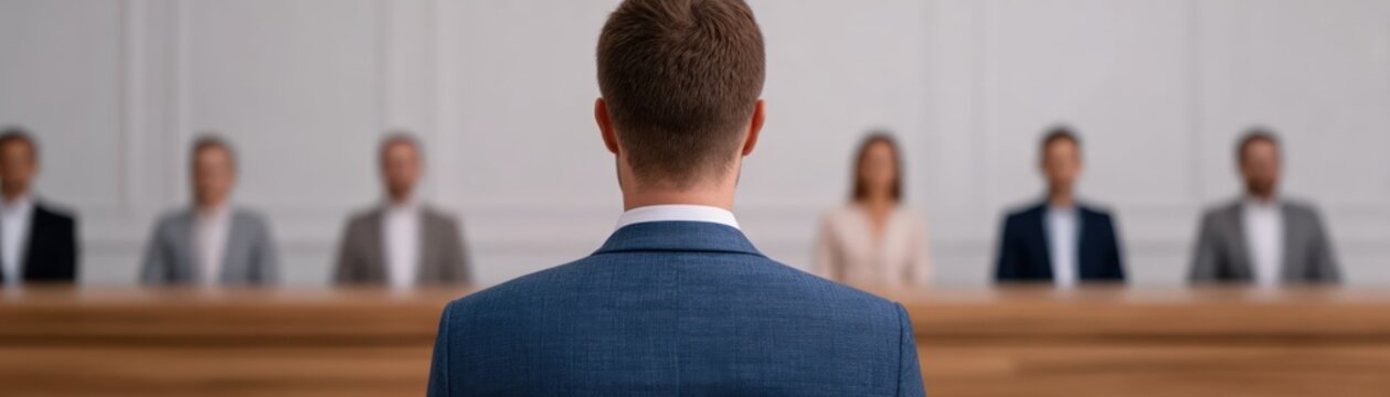Businessman standing before panel of interviewers in office during job interview with copy space for professional recruitment and career growth