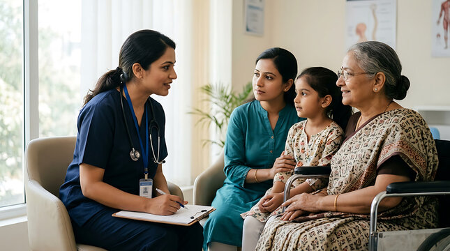 Compassionate healthcare consultation between a healthcare professional and a multigenerational family in a modern clinic