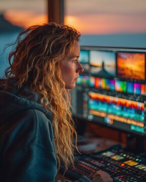 Woman with curly hair editing video on computer monitor at sunset with copy space for creative projects and digital content production workflows