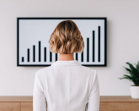 Professional woman in white blazer analyzing financial bar chart on wall monitor for corporate business strategy and data performance review