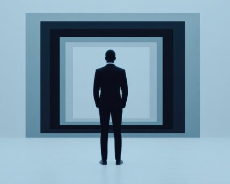 Businessman standing before concentric square frames with copy space for professional corporate strategy and business perspective concepts