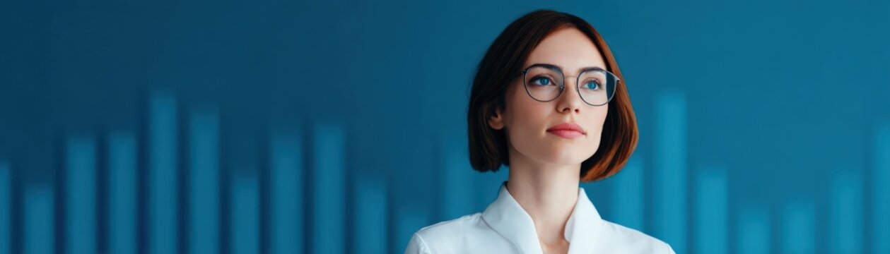 Young woman wearing glasses analyzing digital data on blue bar chart background representing professional business intelligence and technology trends