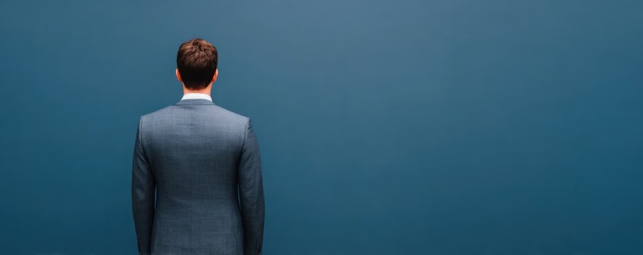 Businessman in grey suit standing against blue wall with copy space for professional corporate branding and business communication marketing materials