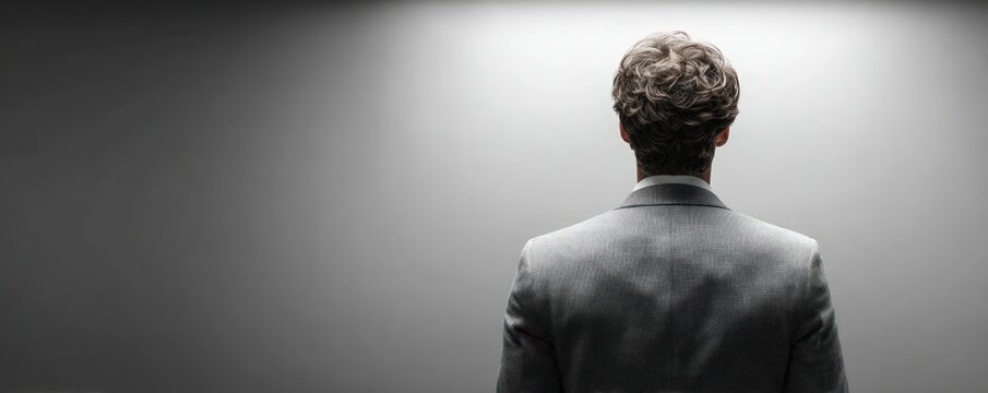 Man in grey suit standing against plain background with copy space for professional business communication and corporate branding identity imagery