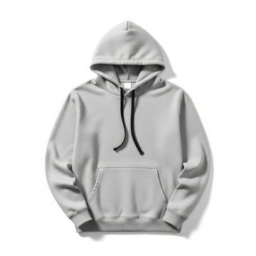 A gray hoodie with a black drawstring and pocket