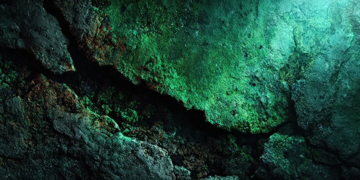 Dark green rocky surface with deep jagged crack and rough stone texture for geological study and natural mineral background design