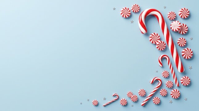 Festive christmas background featuring red and white candy canes and peppermint sweets arranged on a soft blue surface
