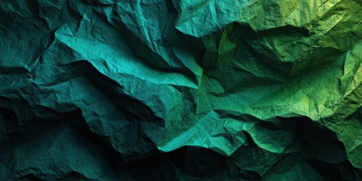 Crumpled Green Teal Paper Texture with Deep Shadows and Bright Highlights for Abstract Graphic Design Backgrounds