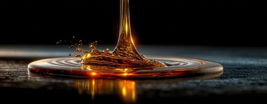Golden liquid pouring onto dark surface creating splash ripples with copy space for luxury branding and high-end cosmetic product advertising concepts