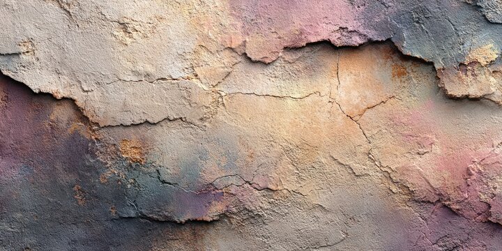 Cracked plaster wall texture with weathered layers and abstract colorful paint stains for artistic architectural background and distressed surface design