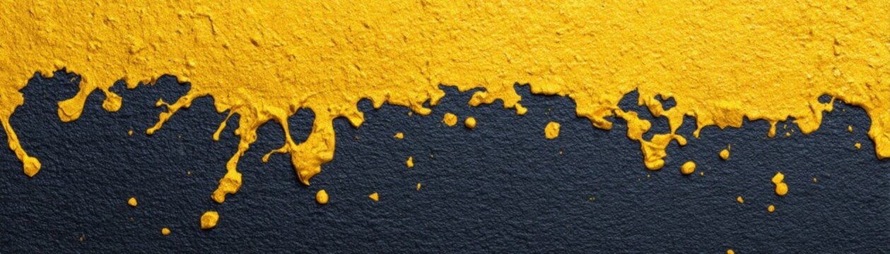 Yellow paint splatter on dark textured wall with copy space for creative design and artistic background projects