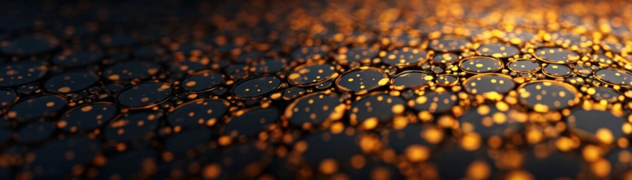 Golden light reflecting in dark liquid bubbles abstract background featuring shimmering macro spheres and fluid texture for modern design projects