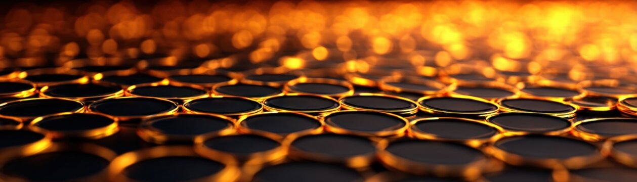Abstract Golden Honeycomb Pattern with Glowing Edges and Dark Circular Centers for Modern Geometric Digital Art and Tech Backgrounds