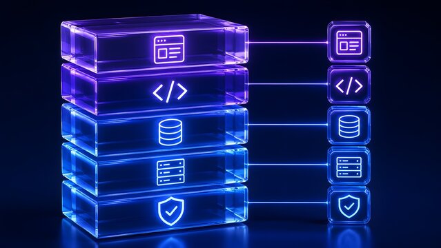 Glowing neon technology stack concept with layered glass blocks showing web development code database server and cybersecurity icons connected in a digital network