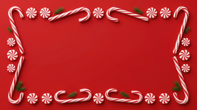 Festive christmas frame made of candy canes and peppermint sweets isolated on a vibrant red background for holiday designs