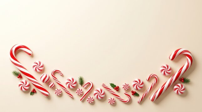 Festive christmas border made of red and white candy canes and peppermint sweets on a light beige background