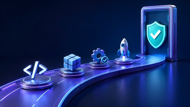 Software deployment pipeline concept showing a glowing path with code cube gear and rocket icons leading to a secure verified cyber gateway