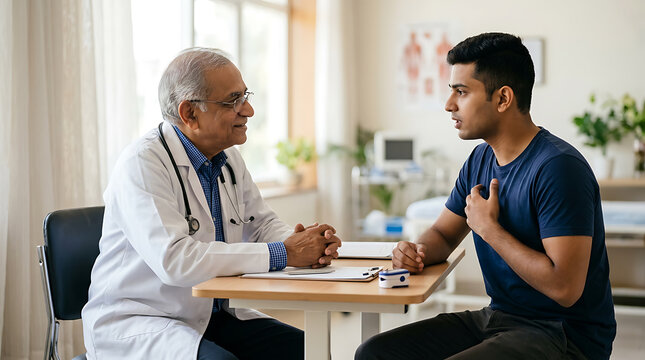 Compassionate medical consultation between a senior doctor and a young male patient in a well-lit clinic setting emphasizing