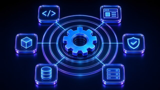 Glowing blue system integration network concept with a central processing gear connected to software development database web and cybersecurity icons