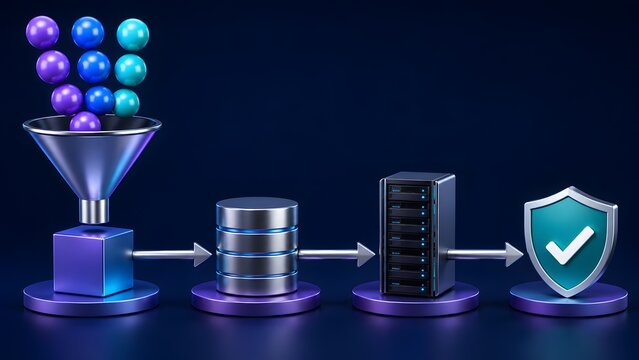 Data processing workflow concept showing colorful spheres entering a funnel then transferring through a database and server to reach a secure verified status