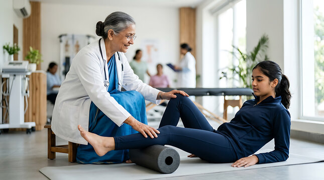 Skilled healthcare professional assisting young patient with physical therapy exercises in clinical setting