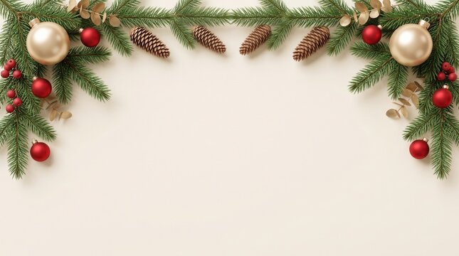 A festive christmas border featuring evergreen pine branches pinecones and shiny red and white baubles on white background