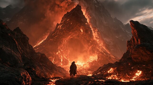 Growth challenges of a cloaked figure standing before a massive volcano with flowing lava in a dark rocky landscape