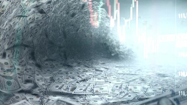 A dynamic timelapse video featuring fast moving stock market candlestick bars blended with dollars shaped like a massive tsunami wave, representing market volatility, cash inflow, and financial power.