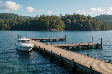 Fototapeta premium White motorboat moored at long wooden pier in calm blue lake. Timber dock extends into water with green forest hills in background. Peaceful summer landscape with clear sky, sunny weather. Scenic