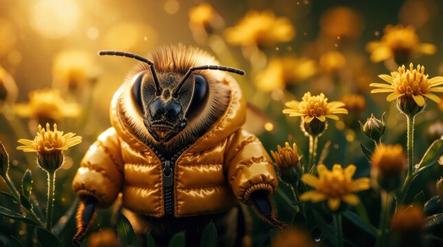 Close-up of a bee wearing a shiny yellow jacket stands amidst blooming yellow flowers. This whimsical insect portrait captures a cute, fuzzy creature in a detailed garden setting with soft bokeh.