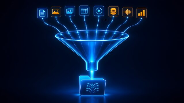 Glowing digital funnel collecting multimedia icons into a secure data folder, visualizing big data processing, cloud computing storage, and information filtering technology.